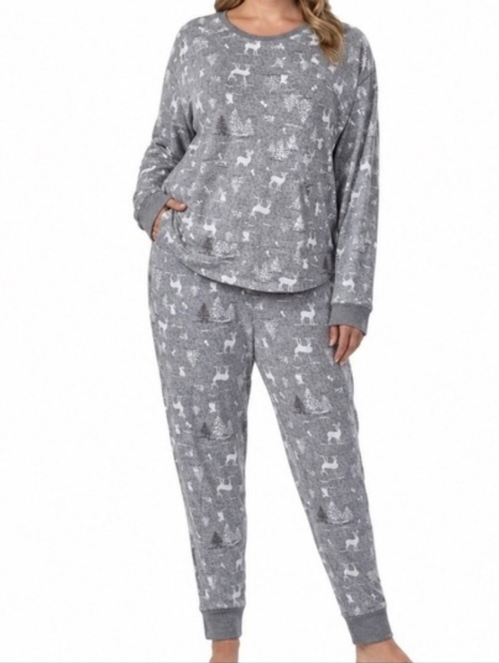 Plus Size Cuddl Duds Women's Deer Forest Print Long Sleeve Pajama Jogger Set
